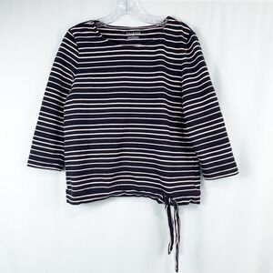 Talbots Striped Tie Hem 3/4 Sleeve Top Nautical Preppy Coastal‎ Blue Pink Medium